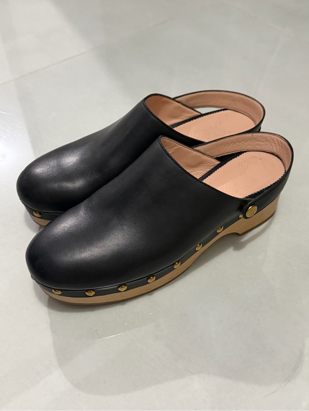 J. Crew Black Leather Studded Clog Mules with Wood-Trim Sole